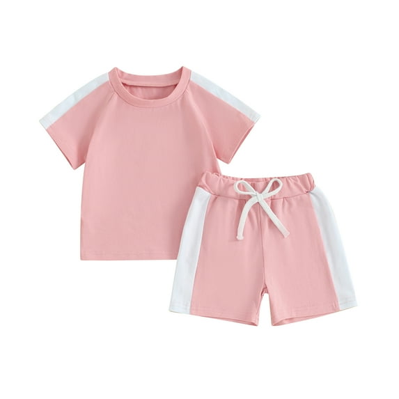 Suealasg Toddler Boys Girls Clothes 6M 1T 2T 3T Short Sleeve Contrast Color T-Shirt Tops + Elastic Waist Shorts Set 2Pcs Causal Summer Outfits for Baby Boys Girls
