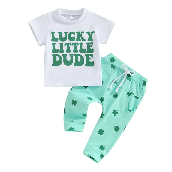 Suealasg Toddler Boys Girls Spring Ireland Holiday Clothes 6M 9M 1T 2T 3T Baby Letter Print Short Sleeve T-Shirt +Shamrock Pattern Long Pants Set 2Piece Kids Saint Patrick's Day Outfits