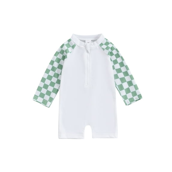 Suealasg Toddler Boys One Piece Swimsuit 1T 2T 3T4T Long Sleeve Checkerboard Print Romper Swimwear Kids Boys Rash Guard Bathing Suit Summer Beachwear