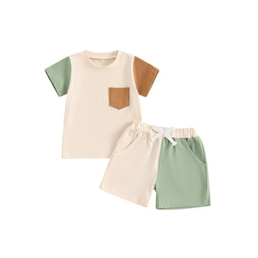 Suealasg Toddler Boys Summer 2Pcs Outfits Set 1T 2T 3T Short Sleeve Contrast Color T-Shirts Tops and Drawstring Shorts Sets Beach Party Clothes for Baby Boys
