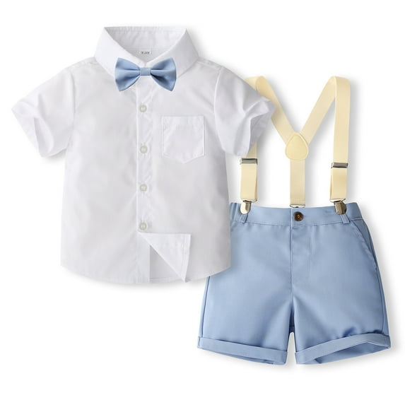 Suealasg Toddler Boys Summer Gentleman Suit Outfits 1T 2T 3T 4T 5T Solid Color Bowtie Short Sleeve Shirts Tops Suspender Shorts 2Pcs Kids Boys Formal Clothes Set