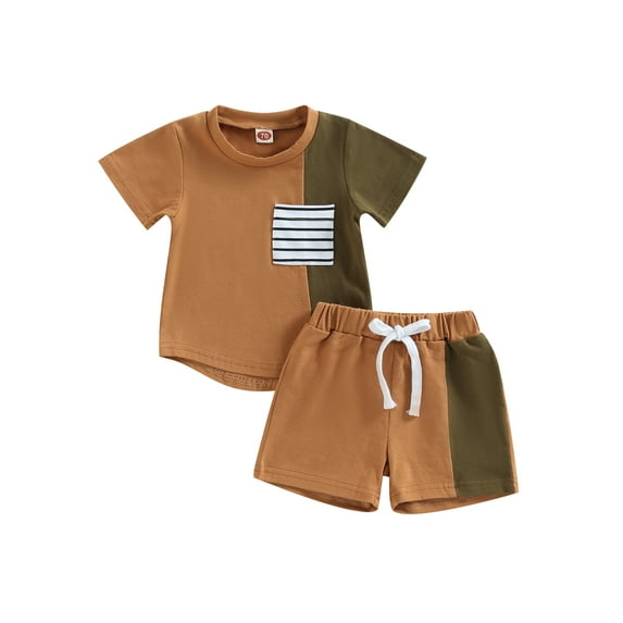 Suealasg Toddler Boys Summer Outfit Sets Short Sleeve O Neck Contrast Color Tops + Drawstring Shorts with Pockets