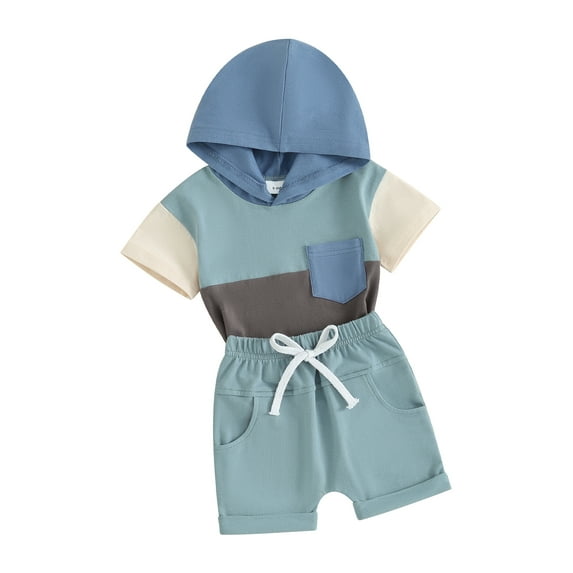 Suealasg Toddler Boys Summer Outfits 6M 1T 2T 3T Kids Short Sleeve Contrast Color Hooded T-shirt Tops and Shorts 2Pcs Causal Clothing for Baby Boy