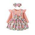 thumbnail image 1 of Suealasg Toddler Girl 2pcs Spring Outfits 3M 6M 9M 12M 18M 24M Baby Girls Clothes Infant Girl Long Sleeve Bow Front Floral Suspender Dress Headband Set, 1 of 9