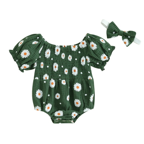 Suealasg Toddler Girl 2pcs Summer Outfit 6M 12M 18M 24M Infant Baby Girls Short Sleeve Pleated Flower Print Bodysuit with Headband