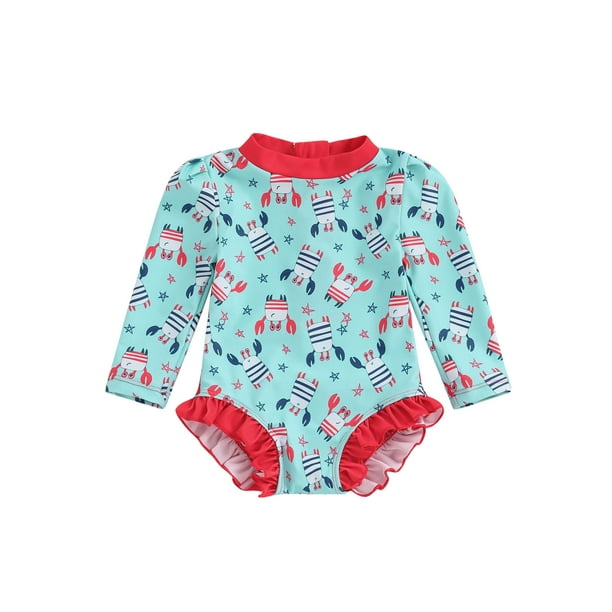 Suealasg Toddler Girl 4th of July One Piece Swimwear Kids Girl Long Sleeve Crab Print Rash Guard Swimsuits Baby Girl Summer Romper Bathing Suit