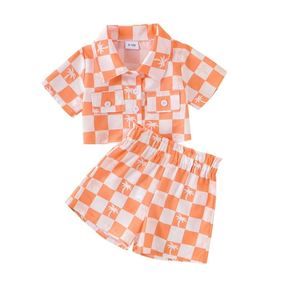 Suealasg Toddler Girl Boy Summer 2Pcs Outfits Checkerboard Print Short Sleeve Lapel Button Down Shirt Elastic Waist Shorts Sets 6M 1T 2T 3T 4T Baby Beach Outfits