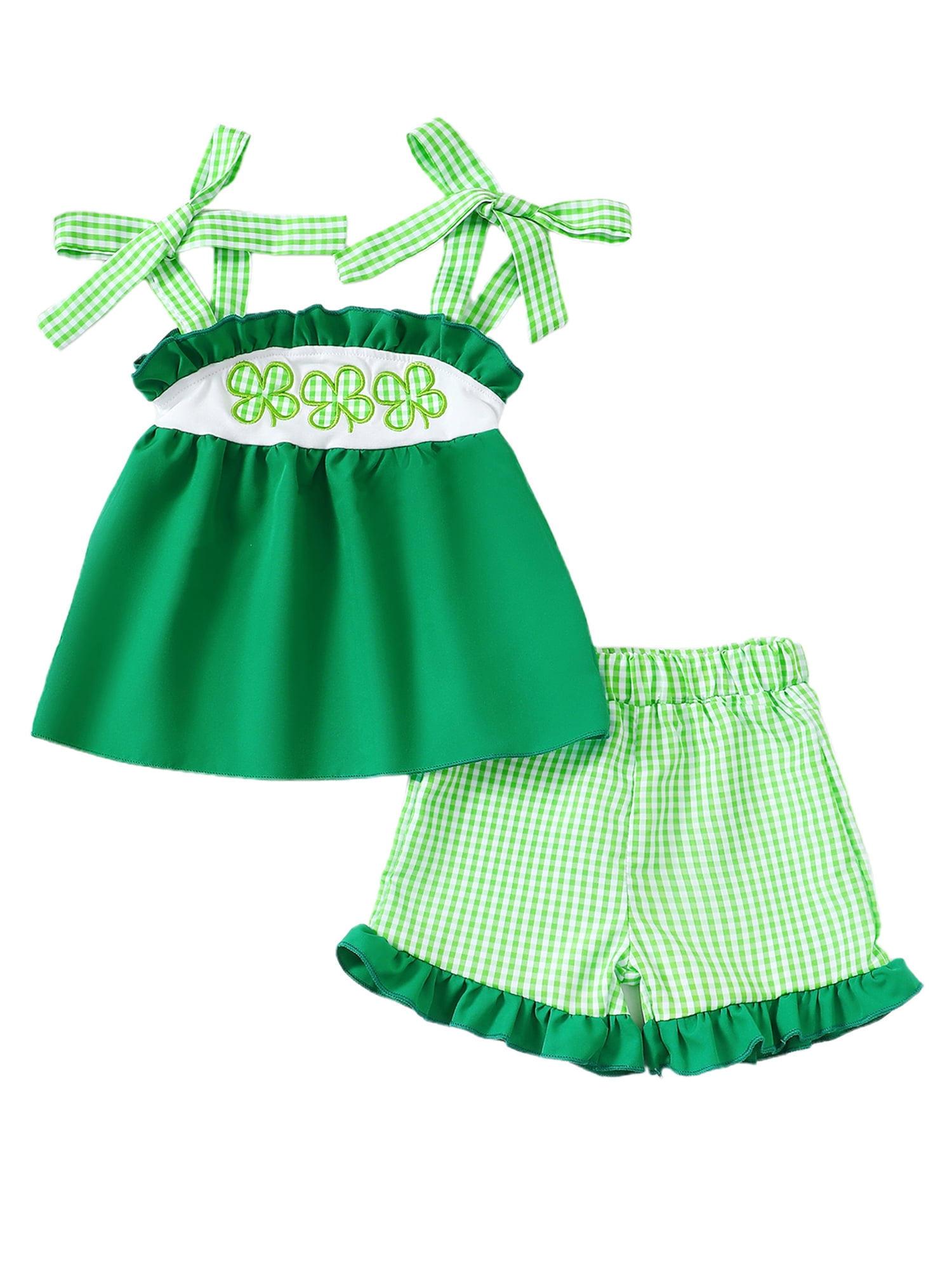 Suealasg Toddler Girl Casual Shorts Set Shamrock/Bow Camisole Tops Plaid Shorts 1T 2T 3T Baby Summer Clothes