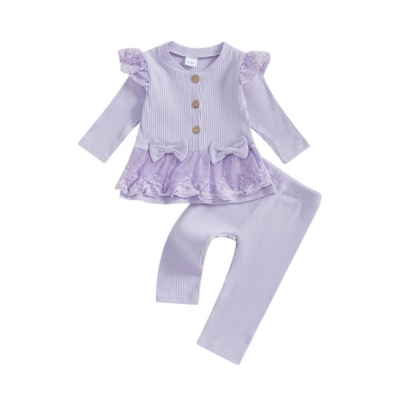 Suealasg Toddler Girl Clothes 6M 1T 2T 3T 4T Kids Baby Girl 2pcs Spring Fall Outfit Long Sleeve Ribbed Dress T-shirt Tops Long Pants Sets