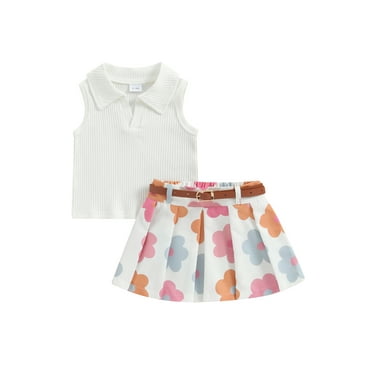 Suealasg Toddler Girl Clothes 6M 1T 2T 3T 4T Solid Color Ribbed Sleeveless Tank Tops and Flower Strawberry Print Skirts with Belt Kids Girls Summer 2Pcs Outfit Set