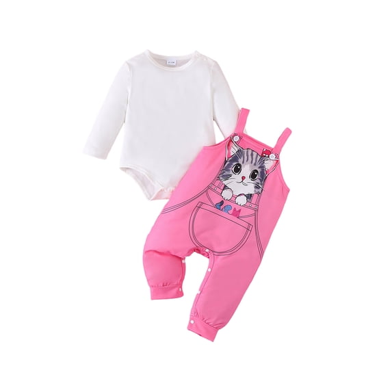 Suealasg Toddler Girl Fall Winter Outfits Long Sleeve Romper + Cat Print Overall Pants Set 6M 1T 2T 3T Baby Girl Clothes 2Pcs Infant Girl Pants Sets