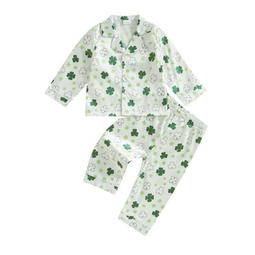Suealasg Toddler Girl Irish Day Satin Pajamas Outfits 1T 2T 3T 4T Long Sleeve Clover Print Shirt  Pants 2Pcs Kids Girl Sleepwear Loungesuit Set