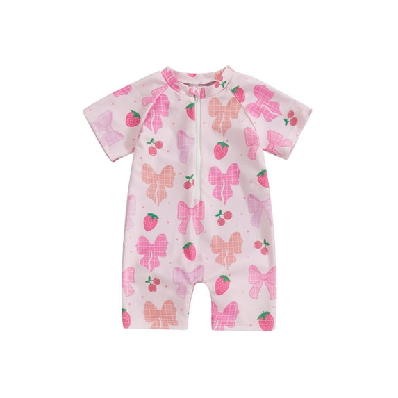Suealasg Toddler Girl Rash Guard Swimsuit Cherry/Bow Print Zipper Short Sleeve Zip Up Bathing Suit