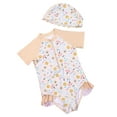 thumbnail image 1 of Suealasg Toddler Girl Rash Guard Swimsuit Floral Print Short Sleeve Round Neck Zip Ruffled Bathing Suit with Swim Hat, 1 of 8