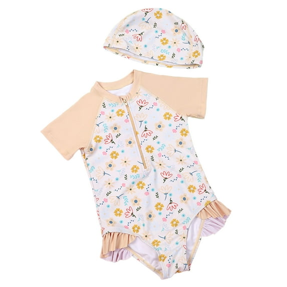 Suealasg Toddler Girl Rash Guard Swimsuit Floral Print Short Sleeve Round Neck Zip Ruffled Bathing Suit with Swim Hat