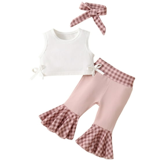 Suealasg Toddler Girl Summer Outfit 2Pcs Baby Girl Clothes Infant Girl Solid Color Sleeveless Bow Tank Tops with Plaid Patchwork Flare Pants