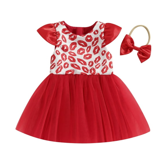 Suealasg Toddler Girl Valentine’s Day Outfits 3M 6M 9M 12M 18M 24M Infant Girls Short Sleeve Lips Print Tulle Dress +Headband Set 2pcs Baby Girls Spring Birthday Party Dress