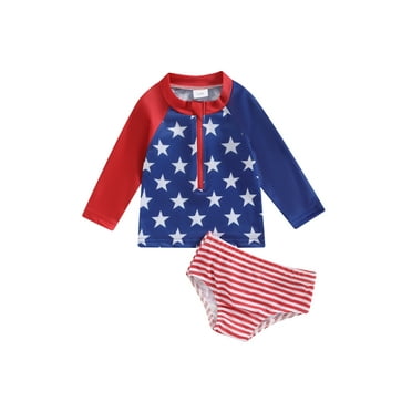 Suealasg Toddler Girls 2Pcs 4th of July Swimsuit Set 1T 2T 3T 4T 5T Long Sleeve Shark Print Rash Guard Tops and Swim Trunks Kids Girls Summer Swimwear Bathing Suit