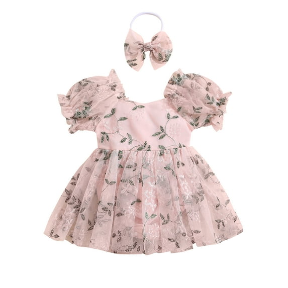 Suealasg Toddler Girls 2Pcs Summer Outfit 6M 12M 18M 24M Infant Girls Puff Sleeve Embroidery Leaves A-line Romper Dress with Bowknot Headband Set Baby Girl Cute Spring Clothing