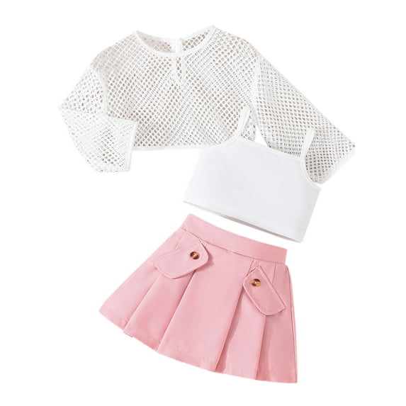 Suealasg Toddler Girls 3Pcs Summer Casual Outfit Long Sleeve Hollow Tops Solid Color Camisole Pleated Skirt Set 6M 1T 2T 3T 4T 5T Kids Little Girls Clothes