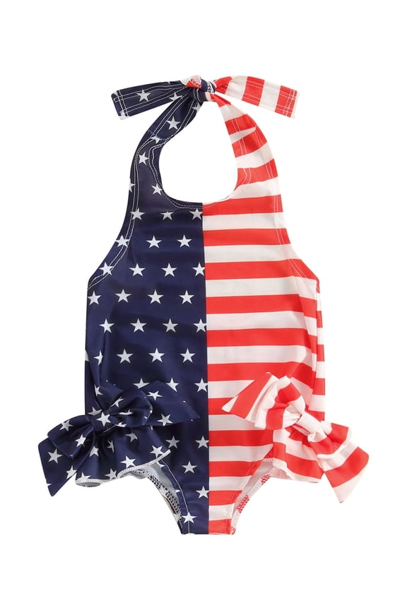 Toddler Girls 4th of July Swimwear Sleeveless Star Stripe Print Tie-Up Halter Ruffled Swimsuits 1T 2T 3T 4T 5T 6T Kids Girls Summer Bathing Suits