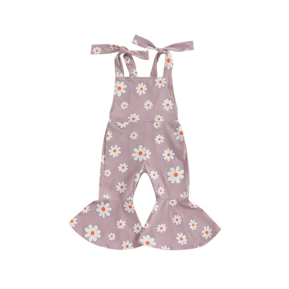 Suealasg Toddler Girls Bell Bottom Jumpsuit Sleeveless Square Neck Daisy Print One Piece Romper Flare Pants Overalls 6M 1T 2T 3T 4T Kids Girls Summer Playsuit