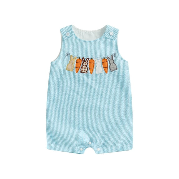 Suealasg Toddler Girls Boys Ovrealls Rompers Baby Easter Clothes Rabbit Carrot Embroidered Sleeveless Bodysuits Jumpsuits