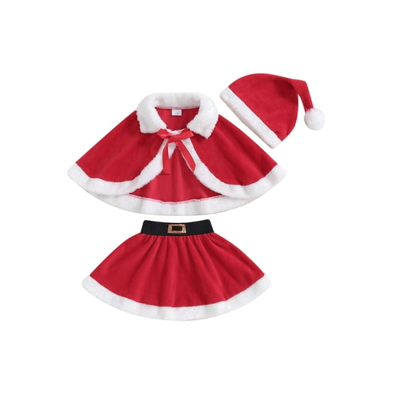 Suealasg Toddler Girls Christmas Clothes 6M 1T 2T 3T Red Fur Trim Cape + Skirt + Santa Hat Set 3Pcs Christmas Holiday-themed Clothing Gifts for Baby Girls