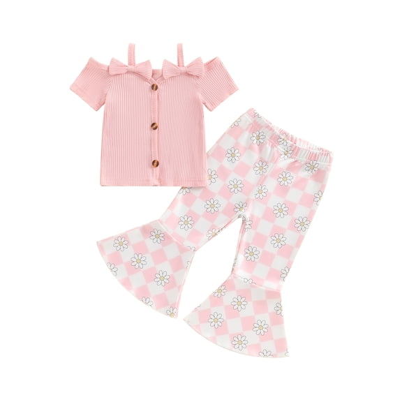 Suealasg Toddler Girls Clothes 1T 2T 3T 4T 5T Kids Little Girl Summer 2Pcs Outfit Short Sleeve Cold Shoulder Tops Checkerboard Daisy Print Flare Pants
