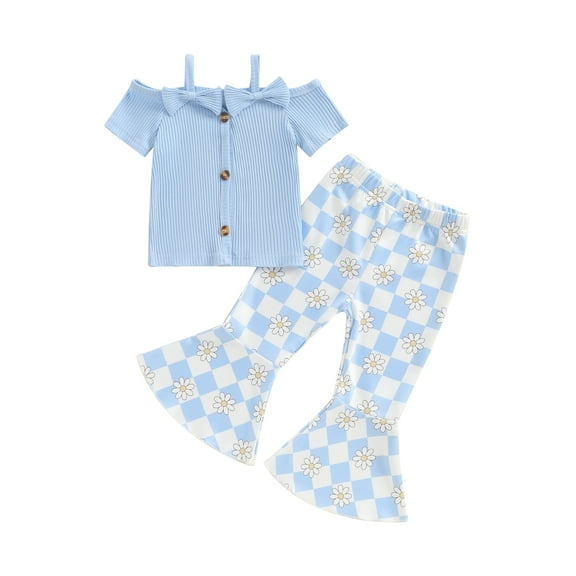 Suealasg Toddler Girls Clothes 1T 2T 3T 4T 5T Kids Little Girl Summer 2Pcs Outfit Short Sleeve Cold Shoulder Tops Checkerboard Daisy Print Flare Pants