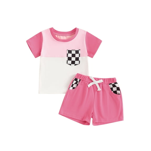 Suealasg Toddler Girls Clothes 1T 2T 3T 4T Baby Girl Summer 2Pcs Outfit Short Sleeve Checkerboard Print Tops Elastic Waist Shorts Set