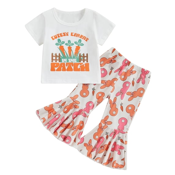 Suealasg Toddler Girls Easter Clothes 2Pcs Little Girls Summer Outfit Kids Girls Short Sleeve Crew Neck Letter Print Tops +Carrot Bunny Print Flared Pants Sets