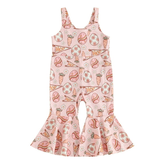 Suealasg Toddler Girls Easter Clothes Kids Girls Suspender Pants Sleeveless Rabbits Eggs Print Long Jumpsuit Bell-Bottoms 6M-4Y