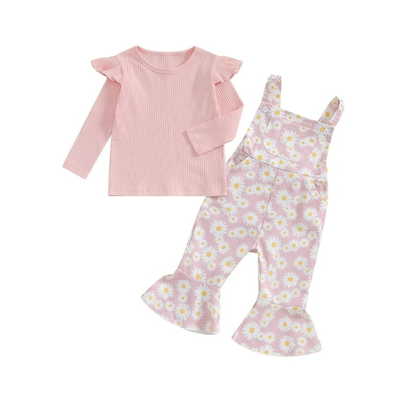 Suealasg Toddler Girls Fall Outfits Set Clothes 1T 2T 3T 4T 5T Fly Sleeve Ribbed T-shirt Daisy Print Suspender Flared Pants 2Pcs Autumn Clothing for Little Girls