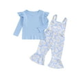 thumbnail image 1 of Suealasg Toddler Girls Fall Outfits Set Clothes 1T 2T 3T 4T 5T Fly Sleeve Ribbed T-shirt +Daisy Print Suspender Flared Pants 2Pcs Autumn Clothing for Little Girls, 1 of 7