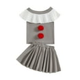 thumbnail image 1 of Suealasg Toddler Girls Halloween Clothes Off Shoulder Contrast Color Plush Ball Tops+A-Lien Mini Skirt Set 1T 2T 3T 4T 5T 6T Little Girls Halloween Outfit, 1 of 1