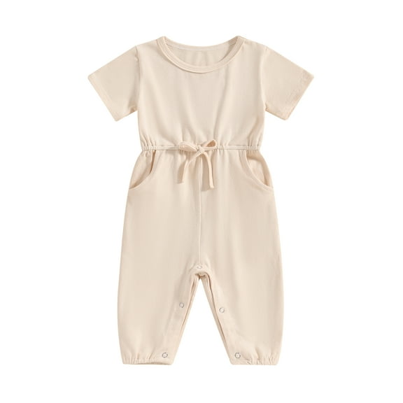Suealasg Toddler Girls Jumpsuits Short Sleeve Crew Neck Tie-up Solid Romper Overalls 1T 2T 3T Baby Girls Summer One Piece Playsuit