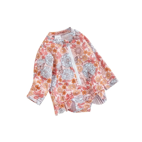 Suealasg Toddler Girls One Piece Swimsuits Long Sleeve Floral Print Sun Protection Swimwear 0-3 Years Kids Girls Summer Romper Bathing Suit Beachwear