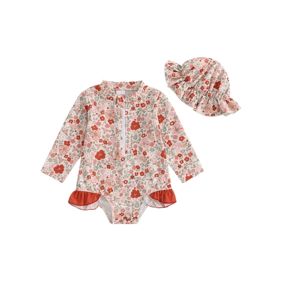 Suealasg Toddler Girls Rash Guard Swimsuit Rompers Long Sleeve Floral Print Baby Ruffles Bathing Suit Swimwear with Swim Cap