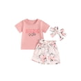 thumbnail image 1 of Suealasg Toddler Girls Sister Matching Outfit 1T 2T 3T 4T Short Sleeve Letter T-Shirt Tops + Shorts +Headband Kids Baby Girls Summer 3Pcs Clothes Sets, 1 of 7