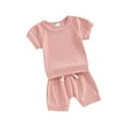 thumbnail image 1 of Suealasg Toddler Girls Summer 2Pcs Clothes 6M 1T 2T 3T Kids Baby Girls Casual Beach Outfits Short Sleeve Solid Color Tops Drawstring Shorts Sets, 1 of 9