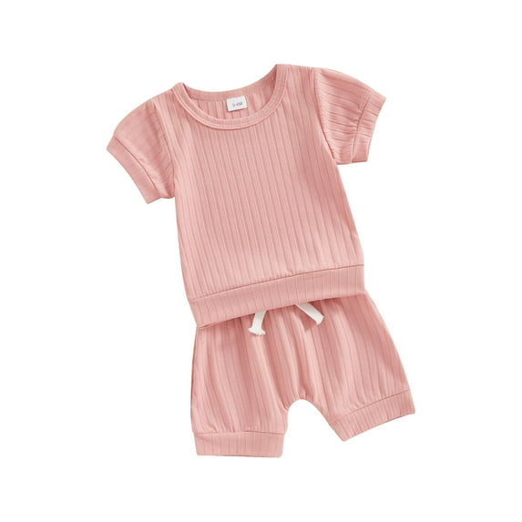 Suealasg Toddler Girls Summer 2Pcs Clothes 6M 1T 2T 3T Kids Baby Girls Casual Beach Outfits Short Sleeve Solid Color Tops Drawstring Shorts Sets