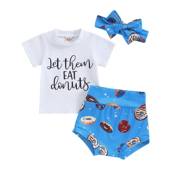 Suealasg Toddler Girls Summer Clothes 6M 1T 2T 3T Baby Girls Short Sleeve Letter Print T-Shirts + Heart/Donut Print Shorts+ Headband Sets 3pcs Kids Girls Valentines Day Outfits
