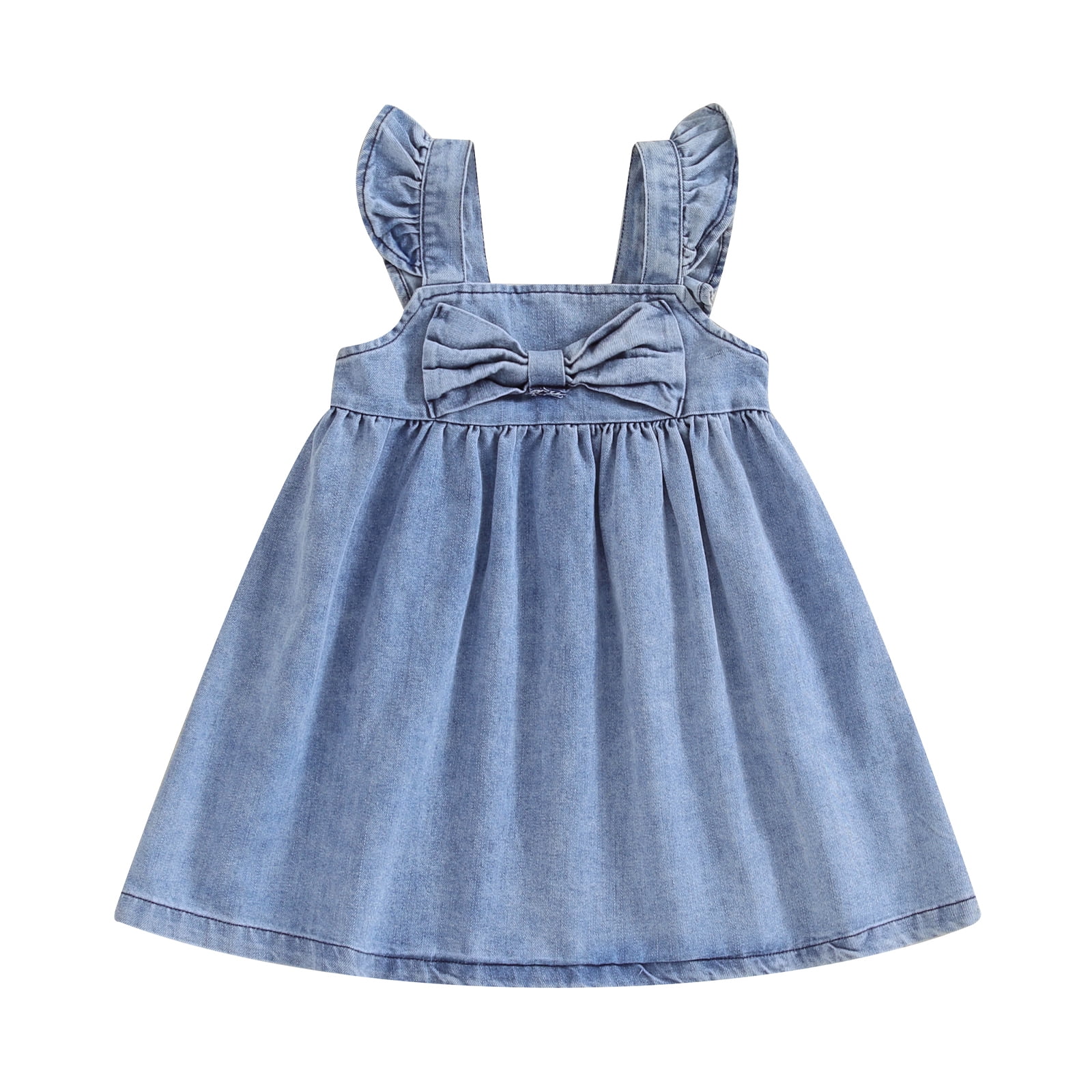 Suealasg Toddler Girls Summer Denim Dress Clothes 6M 1T 2T 3T 4T Little Girls Solid Color Bow Sleeveless A line Dress Casual Beach Party Dress for