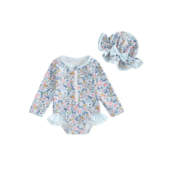 Suealasg Toddler Girls Summer One Piece Swimsuit 1T 2T 3T Baby Girl Long Sleeve Floral Print Swimwear with Sun Hat Kids Girls Rash Guard Beach Bathing Suit