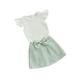 thumbnail image 1 of Suealasg Toddler Girls Summer Outfits 6M 1T 2T 3T Kids Girls Fly Sleeve Ribbed Tops with Bow Tweed Mini Skirt Set 2Pcs Baby Girls Clothes Set, 1 of 9
