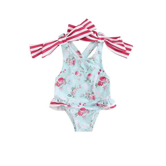 Suealasg Toddler Kid Girl Swimwear Sleeveless Floral Stars Print Ruffled Monokini Swimsuit 1T 2T 3T 4T 5T 6T Little Girls Swimming Beach Bathing Suit