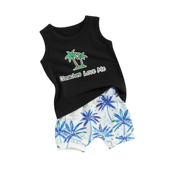 Suealasg Toddler Kids Baby Boy Summer Outfit 2Pcs Hawaiian Clothes Set Round Neck Sleeveless Letter Print Tank Tops + Elastic Waist Shorts