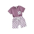 thumbnail image 1 of Suealasg Toddler Kids Boys Girls Shorts Sets Hawaiian Outfit Short Sleeve T-Shirt Tops +Plaid Print Shorts Set Baby Boys Summer 2Pcs Clothes Set, 1 of 9