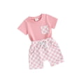 thumbnail image 1 of Suealasg Toddler Kids Boys Girls Shorts Sets Hawaiian Outfit Short Sleeve T-Shirt Tops +Plaid Print Shorts Set Baby Boys Summer 2Pcs Clothes Set, 1 of 9